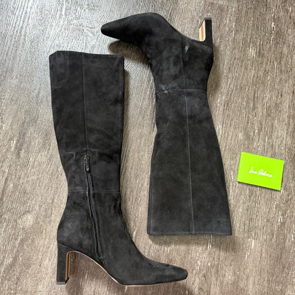 Sam Edelman Sylvia Knee High Boots W 7.5 Black Suede Leather Point Block Heel